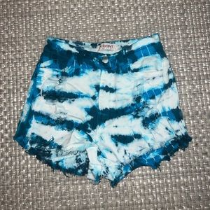 Vibrant MIU Womens Shorts Blue Distressed Cut Off Denim Tie Dye
